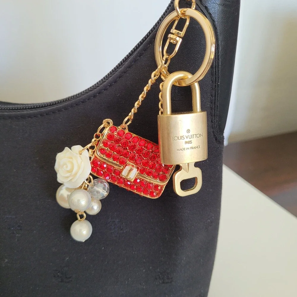 Louis Vuitton Authentic Padlock 311 Key Red Rhinestone Purse Pearl Bag Charm